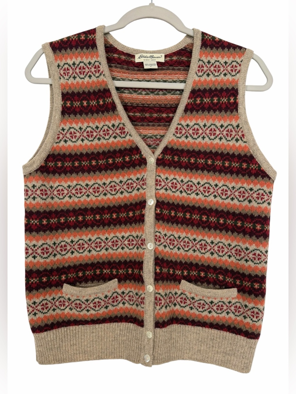Vintage Eddie Bauer Fair Isle Lambswool Sweater Vest Fall Colors Size M